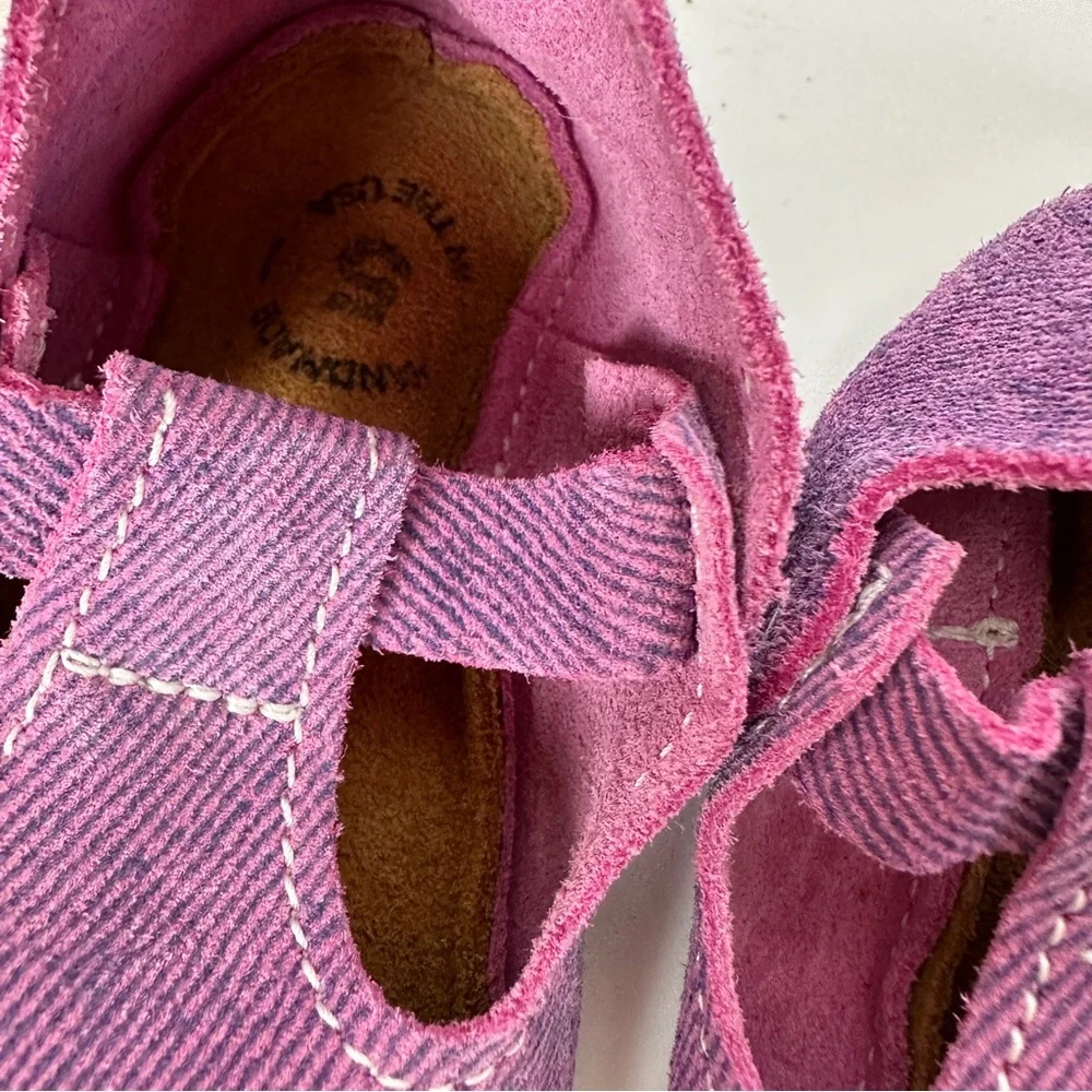 Pink Purple Denim Mon Petit Shoes Sz 5 Handmade Leather Baby Toddler MPs T-Strap